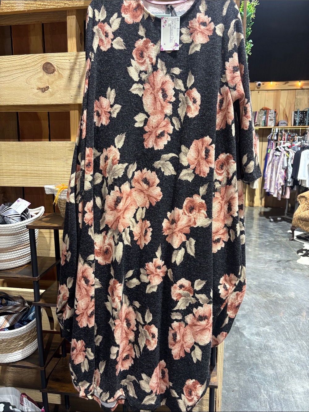 Floral Knit Swing Dress - Black with Rose Pink Blooms